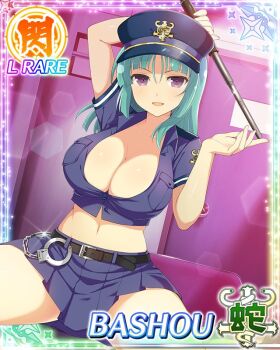 Rule 34 | 1girl, arm behind head, arm up, bashou (senran kagura), baton (weapon), belt, black belt, blue shirt, blue skirt, border, breasts, card (medium), character name, cleavage, crop top, cuffs, game cg, green hair, hair between eyes, handcuffs, hat, holding baton, large breasts, long hair, looking at viewer, loose hair strand, navel, official art, open mouth, pleated skirt, police hat, prison, purple eyes, seductive smile, senran kagura, senran kagura new wave, shirt, skindentation, skirt, smile, solo, spread legs, squatting, third-party source, weapon