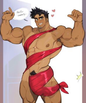1boy abs arms_up bara biceps broad_shoulders brown_hair bulge cowboy_shot english_text facial_hair goatee groin heart highres large_bulge large_pectorals male_focus meme muscular muscular_arms muscular_legs muscular_male nipples nude_guy_wrapped_in_ribbons_standing_(meme) original pectorals pubic_hair red_ribbon ribbon ribbon_around_body signature smirk solo speech_bubble spiked_hair striped_blush tan tanline thick_eyebrows thighs uleez v-taper veins veiny_arms yellow_eyes