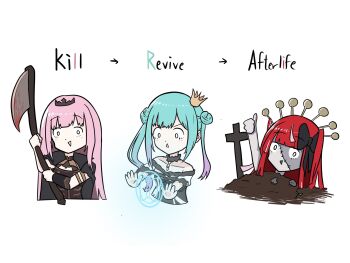 3girls :&gt; :&lt; arm_up arrow_(symbol) bare_shoulders black_bow black_dress blood bow buried collarbone colored_skin commentary cross double_bun dress english_commentary english_text fong_(fongthe0125) gradient_hair green_hair grey_skin hair_bow hair_bun highres holding holding_scythe hololive hololive_english hololive_indonesia kureiji_ollie magic_circle mori_calliope mori_calliope_(1st_costume) multicolored_hair multiple_girls parted_lips patchwork_skin pink_hair purple_hair red_hair scythe simple_background thumbs_up triangle_mouth twintails uruha_rushia uruha_rushia_(3rd_costume) virtual_youtuber white_background