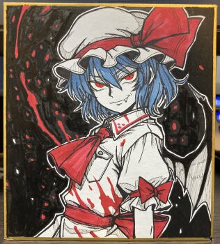 1girl ascot bat_wings blood blue_hair bow collared_shirt commentary_request fang frilled_shirt_collar frills hair_between_eyes hat hat_ribbon highres looking_at_viewer mob_cap painting_(medium) pink_hat pink_shirt puffy_short_sleeves puffy_sleeves red_ascot red_bow red_eyes red_ribbon remilia_scarlet ribbon ryoan_(voyagehermitage) shirt short_hair short_sleeves sleeve_bow smile solo touhou traditional_media upper_body wings