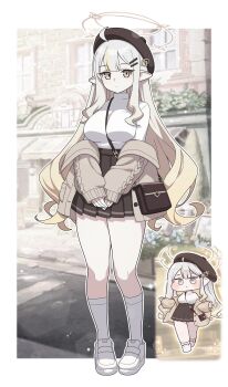 1girl absurdres ahoge awning bag between_breasts blonde_hair blue_flower breasts brick_wall brown_cardigan brown_halo brown_hat brown_skirt building cardigan cardigan_partially_removed closed_mouth commentary double-parted_bangs expressionless flower full_body gradient_hair grey_eyes grey_hair hair_ornament hairclip halo hat hat_ornament high-waist_skirt highres large_breasts light_particles long_hair long_sleeves looking_at_viewer multicolored_hair outdoors parallel_hairclips pink_flower pleated_skirt pointy_ears reference_inset renewa_(trickcal) road shoes shoulder_bag signboard skirt sleeves_past_wrists socks solo standing strap_between_breasts streaked_hair street sweater thighs tile_floor tiles trickcal turtleneck turtleneck_sweater vector_(dmlddmld00) wall_lamp white_shoes white_socks white_sweater window