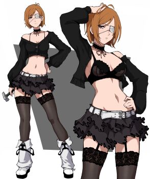 1girl absurdres alternate_costume antenna_hair arm_up asymmetrical_bangs black_bra black_jacket black_skirt black_thighhighs bra brown_hair choker commentary contrapposto cowboy_shot cropped_jacket eyepatch full_body garter_straps hand_in_own_hair hand_on_own_head highres jacket jujutsu_kaisen kekel kugisaki_nobara lace lace-trimmed_bra lace_choker lace_thighhighs lace_trim leg_warmers medical_eyepatch midriff multiple_views navel off-shoulder_jacket off_shoulder open_clothes open_jacket short_hair simple_background skirt standing thighhighs underwear white_background