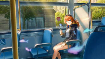 1girl aq_arium black_jacket blue_eyes blue_flower blue_rose blue_shorts breasts bus_interior chair cityscape closed_mouth colored_inner_hair commentary_request day dolphin dolphin_necklace earrings feet_out_of_frame flower from_side gold_earrings hand_on_own_thigh highres holding holding_flower hood hood_down hooded_jacket jacket jewelry long_sleeves looking_at_viewer medium_breasts medium_hair multicolored_hair necklace no_entry_sign official_art on_chair open_clothes open_jacket orange_hair road_sign rose shijohane shirt shorts sign sitting smile solo tadase_kairi tree urban video_thumbnail virtual_youtuber white_shirt window