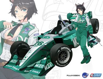 1girl absurdres ahoge animal_ears belt black_hair black_necktie black_pants blue_eyes boots brand_name_imitation breasts brown_belt car center_frills character_name cleavage commentary ear_ornament ear_piercing formula_one formula_racer frilled_shirt frills fuji_kiseki_(shooting_star_revue)_(umamusume) fuji_kiseki_(umamusume) full_body green_boots grin hair_between_eyes hand_on_own_hip helmet highres holding holding_unworn_helmet holeecrab horse_ears horse_girl horse_tail jacket long_sleeves looking_at_viewer medium_breasts motor_vehicle multicolored_hair necktie open_clothes open_jacket pants partially_unbuttoned piercing race_vehicle racecar racing_suit shirt short_hair sidelocks smile standing tail umamusume underbust unworn_headwear unworn_helmet white_hair white_shirt zoom_layer