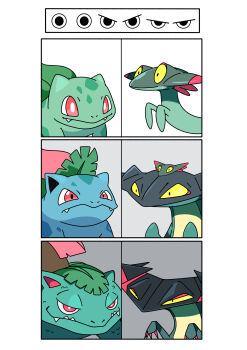 :&gt; absurdres bulbasaur closed_mouth commentary_request dragapult drakloak dreepy evolutionary_line fangs fukidashi_cotton gen_1_pokemon gen_8_pokemon half-closed_eyes highres ivysaur nintendo no_humans pokemon pokemon_(creature) pokemon_focus red_eyes sharp_teeth simple_background smile teeth venusaur white_background yellow_eyes