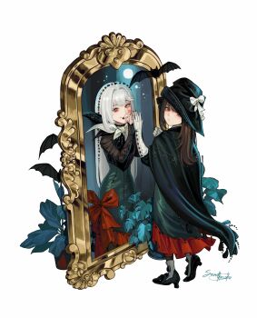 1girl :o artist_name bat_(animal) black_cape black_hat black_nails black_pantyhose black_shirt black_shoes cape different_reflection full_body gloves green_skirt hand_on_mirror hand_up hat high_heels highres long_hair long_skirt looking_at_viewer mirror neckerchief pantyhose plant potted_plant procreate_(medium) red_eyes reflection reverse:1999 sandkessho semmelweis_(reverse:1999) shirt shoes signature skirt smile solo tricorne white_background white_gloves white_hair white_neckerchief