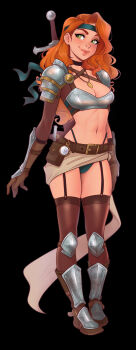 1girl 77shaya77 armor bikini_armor black_background black_hairband black_panties brown_gloves brown_thighhighs closed_mouth commentary english_commentary face_piercing freckles full_body gloves hairband highres long_hair navel nose_piercing orange_eyes orange_hair original panties piercing second-party_source shoulder_plates simple_background smile standing stomach sword thighhighs underwear weapon weapon_on_back