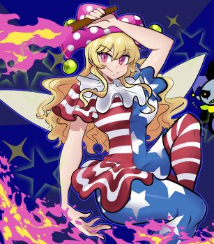 1boy 1girl aged_up american_flag_dress american_flag_legwear arm_over_head blonde_hair blue_background blue_dress blue_pantyhose breasts clownpiece commentary crossover deltarune dress english_commentary fairy fairy_wings fire flag_print hat highres jester_cap jevil large_breasts long_hair looking_at_viewer missandydandy multicolored_dress multicolored_pantyhose narrow_waist neck_ruff pantyhose pink_eyes pink_fire pink_hat polka_dot_hat red_dress red_pantyhose short_sleeves smile solo_focus star_(symbol) star_print star_symbol_background striped_clothes striped_dress torch touhou utdr_(toby_fox) wings