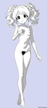1girl blue_background bow breasts closed_mouth completely_nude dot_nose full_body hair_bow hair_ornament head_tilt heart heart_hair_ornament lineart long_hair monochrome nude original pixel_art pubic_hair sidelocks simple_background small_breasts smile solo soulfull_sequoia standing twintails twitter_username walking