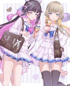 2girls alternate_costume bag black_hair black_thighhighs blue_bow blue_bowtie blue_eyes bow bowtie brown_hair columbina_(genshin_impact) commentary_request genshin_impact highres holding holding_ice_cream_cone ice_cream_cone kneehighs long_sleeves looking_at_another multiple_girls namimenou parted_lips pink_hair purple_eyes sailor_collar sandrone_(genshin_impact) school_bag school_uniform shirt skirt smile socks thighhighs white_sailor_collar white_shirt white_skirt white_socks zettai_ryouiki