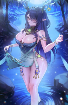 1girl absurdres antler_ornament antlers bare_shoulders blue_dress blue_eyes blue_hair breasts cleavage clothes_lift commentary deer_antlers dendro_symbol_(genshin_impact) dress dress_lift fingernails genshin_impact hair_over_one_eye hand_up highres horns large_breasts lauma_(genshin_impact) long_hair night outdoors parted_lips pointy_ears puppnett rock solo thighs tree very_long_hair vision_(genshin_impact) wading water