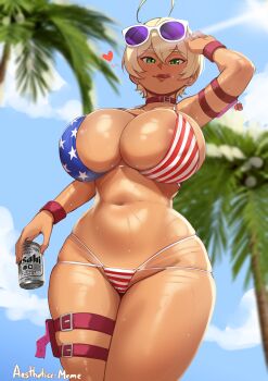 1girl :q absurdres aestheticc-meme ahoge american_flag american_flag_bikini american_flag_print areola_slip arm_strap arm_up artist_name beer_can bikini blonde_hair breasts can choker cleavage cloud cloudy_sky collarbone dark-skinned_female dark_skin drink_can eyewear_on_head flag_print flag_print_bikini green_eyes heart highres holding holding_can huge_breasts large_areolae lips looking_at_viewer mito_ikumi multi-strapped_bikini_bottom navel palm_tree print_bikini red_choker shiny_skin shokugeki_no_souma short_hair skindentation sky smile solo standing sunglasses sweat swimsuit thigh_strap tongue tongue_out tree wristband
