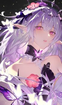 1girl absurdres bare_shoulders black_tiara breasts castorice_(honkai:_star_rail) chinese_commentary commentary_request dress flower gloves hair_flower hair_ornament highres honkai:_star_rail honkai_(series) large_breasts long_hair parted_lips pointy_ears purple_eyes purple_gloves purple_hair solo tiara upper_body very_long_hair white_dress yan_yumo