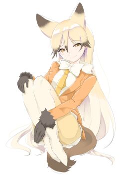 1girl animal_ears blush bow bowtie brown_fur brown_gloves brown_hair extra_ears ezo_red_fox_(kemono_friends) fox_ears fox_girl fox_tail fur_trim gloves gradient_hair gradient_pantyhose hair_between_eyes highres jacket kamisamanosaba kemono_friends knees_to_chest long_hair long_sleeves looking_at_viewer multicolored_hair necktie no_shoes open_clothes open_jacket orange_eyes orange_hair orange_jacket orange_necktie orange_pantyhose pantyhose pleated_skirt shirt sidelocks skirt smile solo tail white_bow white_bowtie white_hair white_pantyhose white_shirt white_skirt