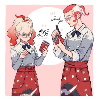1boy 1girl absurdres apron black_bow black_bowtie blonde_hair bow bowtie closed_eyes cowboy_shot cowlick cup disposable_coffee_cup disposable_cup gerokizoku glasses gradient_hair green_eyes grey_shirt griselle_(pokemon) grisham_(pokemon) hair_pulled_back highres holding holding_marker marker multicolored_hair nintendo orange_apron orange_hair pokemon pokemon_legends:_z-a ponytail raised_eyebrow shirt short_ponytail split_ponytail thank_you thick_eyebrows two-tone_hair waist_apron wavy_hair white-framed_eyewear writing