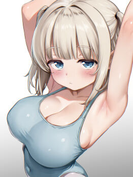 1girl :/ absurdres armpits arms_up bare_shoulders blue_eyes blue_leotard blunt_bangs blush breasts cleavage closed_mouth commentary_request covered_navel expressionless from_above gradient_background highres kamita large_breasts leotard looking_at_viewer looking_up original raised_eyebrows short_hair simple_background solo upper_body upturned_eyes white_background white_hair