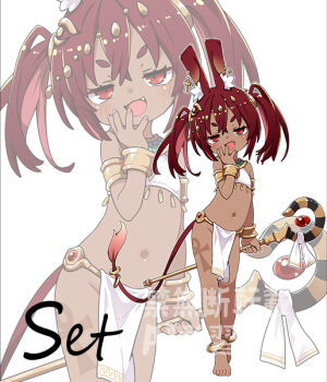 1girl animal_ear_fluff animal_ears barefoot character_name dark-skinned_female dark_skin fang flat_chest holding holding_staff nassukun navel original rabbit_ears red_eyes red_hair set_(mythology) short_eyebrows smile smug staff tail thick_eyebrows twintails watermark white_background zoom_layer