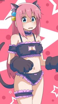 1girl animal_ears animal_hands arm_strap bambi2000line black_bra black_panties blue_eyes bocchi_the_rock! bra breasts cat_cutout cat_ears cat_lingerie cat_tail choker cleavage cleavage_cutout clothing_cutout commentary_request cosplay cube_hair_ornament frilled_bra frilled_choker frilled_garter frilled_panties frills gloves gotoh_hitori hair_ornament highres long_hair medium_breasts navel one_side_up onii-chan_wa_oshimai! oyama_mahiro oyama_mahiro_(cosplay) panties paw_gloves pink_background pink_hair signature solo star_(symbol) star_symbol_background sweatdrop tail thigh_strap underwear