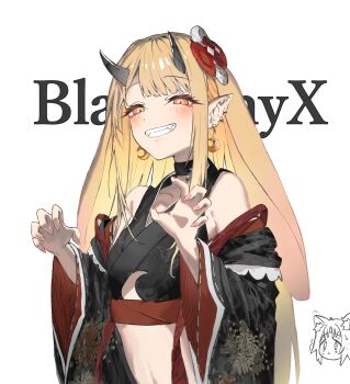 Rule 34 | 2girls, black kimono, blonde hair, brown eyes, cho kaguya-hime!, clenched teeth, clothing cutout, commentary request, earrings, fangs, hands up, highres, horns, japanese clothes, jewelry, kaguya (cho kaguya-hime!), kimono, long hair, long sleeves, looking at viewer, multiple girls, pointy ears, sakayori iroha, shoulder cutout, simple background, teeth, upper body, white background, yofuke/yofu