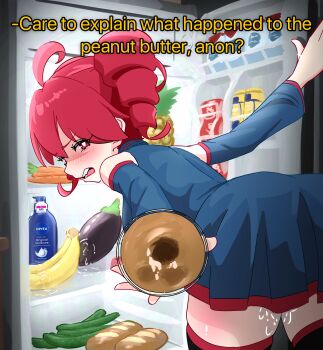 1girl absurdres ass banana black_thighhighs blue_dress blush bread bright_pupils can carrot commentary cucumber detached_sleeves disgust dress drill_hair english_commentary food from_behind fruit highres holding holding_food hole indoors kasane_teto kasane_teto_(utau) leaning_forward looking_at_viewer looking_back medium_hair nivea open_mouth peanut_butter pov red_eyes red_hair red_trim refrigerator rivetingroast solo_focus talking thighhighs thighs twin_drills utau white_pupils