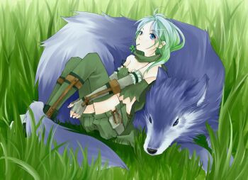 1girl breasts cleavage closed_mouth clover commentary_request elbow_gloves expressionless fingerless_gloves four-leaf_clover full_body gloves grass green_eyes green_gloves green_hair green_scarf green_shorts green_thighhighs green_tube_top looking_at_viewer mouth_hold ragnarok_online ranger_(ragnarok_online) scarf short_hair shorts sitting small_breasts solo stalk_in_mouth strapless thighhighs tube_top wolf yuzu_(secondary_moon)