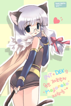 1girl 2000s_(style) alchemist_(ragnarok_online) animal_ears ass bad_id blue_gloves blush brown_cape brown_dress cape cat_ears cat_girl cat_tail closed_mouth commentary_request cowboy_shot dated dated_commentary dress elbow_gloves emily_(pure_dream) fingerless_gloves fur_collar glasses gloves green_background green_eyes heart korean_commentary korean_text long_hair looking_at_viewer looking_back ragnarok_online short_dress smile solo strapless strapless_dress tail tongue tongue_out translation_request