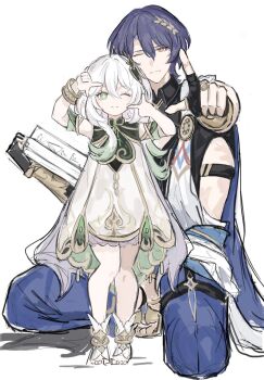 Rule 34 | 1boy, 1girl, black gloves, bloomers, closed mouth, detached sleeves, dr. ratio (honkai: star rail), dress, f ron, finger frame, fingerless gloves, genshin impact, gloves, green eyes, green hair, green sleeves, hair between eyes, hair ornament, highres, honkai: star rail, honkai (series), kneeling, long hair, looking at viewer, mihoyo, nahida (genshin impact), one eye closed, orange eyes, pants, purple hair, simple background, smile, standing, underwear, white background, white bloomers, white dress, white hair