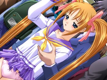 Rule 34 | 1boy, 1girl, 2000s (style), arm behind back, blue eyes, blush, breasts, brown hair, chikan, clothes lift, collarbone, cowboy shot, crowded, dutch angle, exhibitionism, faceless, faceless male, game cg, grabbing another's breast, grabbing from behind, groping, half-closed eyes, hand up, holding, large variant set, long hair, long sleeves, looking down, m&amp;m (mickey and mackey), molestation, multiple boys, neckerchief, open mouth, panties, pink panties, pink ribbon, pleated skirt, public indecency, public nudity, purple sailor collar, purple skirt, raised inner eyebrows, ribbon, sailor collar, saishu chikan densha (series), saishuu chikan densha, school uniform, serafuku, sidelocks, skirt, skirt lift, small breasts, standing, suzuki airi (saishu chikan densha), third-party source, train interior, twintails, underwear, variant set, very long hair, yellow neckerchief