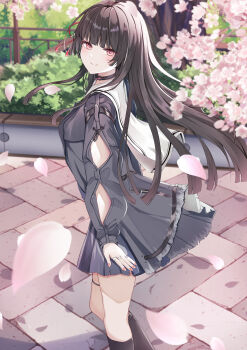 1girl absurdres arm_cutout black_hair black_jacket black_skirt bright_pupils chisa_(wuthering_waves) closed_mouth clothing_cutout commentary_request hair_ribbon highres humime jacket long_hair long_sleeves looking_at_viewer looking_to_the_side mole mole_under_eye partial_commentary pink_petals red_eyes red_ribbon ribbon sailor_collar skirt smile solo white_pupils white_sailor_collar wuthering_waves