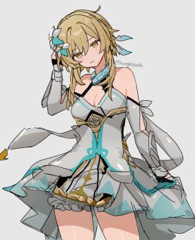 1girl arm_armor bare_shoulders black_gloves blonde_hair bloomers breasts cleavage commentary_request cowboy_shot detached_sleeves dress expressionless feather_hair_ornament feathers fingerless_gloves flower genshin_impact gloves grey_background hair_between_eyes hair_flower hair_ornament hand_in_own_hair hand_up highres kuromu_shado looking_at_viewer lumine_(genshin_impact) medium_breasts short_hair_with_long_locks simple_background skirt_hold solo twitter_username underwear white_bloomers white_dress yellow_eyes