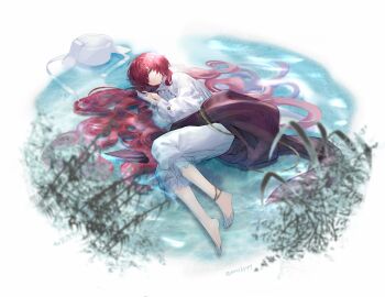 Rule 34 | 1girl, barefoot, blue eyes, commission, curled up, fetal position, fishnet gloves, fishnets, full body, gloves, hair spread out, hands up, hat, highres, long hair, looking at viewer, lying, mmihpyy, on side, pants, pants under skirt, parted lips, partially submerged, red hair, red skirt, reverse:1999, shirt, skirt, solo, unworn hat, unworn headwear, ushanka, very long hair, water, white background, white gloves, white hat, white pants, white shirt, yenisei (reverse:1999)