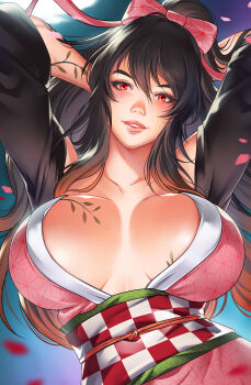 Rule 34 | 1girl, absurdres, arms behind head, black hair, breast tattoo, breasts, breasts apart, choppy bangs, commentary, commission, cosplay, dorothy blade, english commentary, hair between eyes, highres, huge breasts, japanese clothes, kamado nezuko, kamado nezuko (cosplay), kimetsu no yaiba, kimono, lena dai, lips, long hair, looking at viewer, nose, parted lips, pink kimono, pink lips, red eyes, samurai of oz, smile, solo, tattoo, upper body