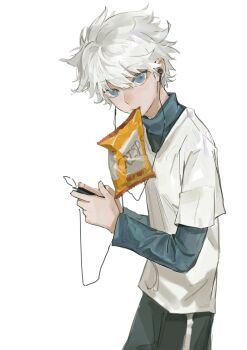 Rule 34 | 1boy, absurdres, black pants, blue eyes, blue shirt, chinese commentary, chips (food), commentary request, cowboy shot, earphones, food, highres, holding, hunter x hunter, killua zoldyck, layered sleeves, limit932, long sleeves, looking at viewer, male focus, mouth hold, pants, shirt, short hair, short over long sleeves, short sleeves, simple background, solo, walkman, white background, white hair, white shirt