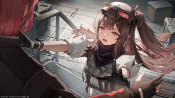 Rule 34 | 2girls, artist request, black gloves, black scarf, brown eyes, brown hair, chinese commentary, commentary request, copyright notice, crate, crying, crying with eyes open, female commander (girls' frontline), game cg, girls' frontline, girls' frontline 2: exilium, gloves, goggles, goggles on head, highres, incoming hug, indoors, jacket, mayling shen (girls' frontline 2), multiple girls, official art, open mouth, pink hair, scarf, second-party source, side ponytail, solo focus, stairs, tears, teeth, watch, wristwatch