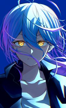 1girl absurdres akao_akira black_jacket blue_background blue_hair chromatic_aberration closed_mouth collarbone colored_tips commentary determined eyelashes floating_hair glowing glowing_eyes hair_between_eyes highres jacket long_hair looking_at_viewer multicolored_hair open_clothes open_jacket portrait purple_hair sakamoto_days serious shirt sidelighting simple_background solo straight-on to_kinji two-tone_hair white_shirt yellow_eyes