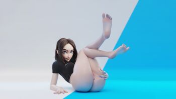 1girl 3d absurdres ass barefoot blue_eyes blue_nails bottomless breasts feet highres legs legs_up looking_at_viewer medium_breasts medium_hair mole mole_on_cheek nail_polish naked_shirt pale_skin photoshop_(medium) pussy samsung samsung_sam self-upload shirt solo spread_ass third-party_edit