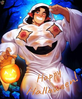 1boy bara blue_eyes blush broad_shoulders brown_hair covered_abs covered_penis ghost_costume grin halloween halloween_bucket halloween_costume happy_halloween huge_pectorals kingdomvelvet male_focus muscular muscular_male nipples one_eye_closed original penis pointy_ears smile thick_arms thick_eyebrows thick_thighs thighs v-taper watermark wet wet_clothes