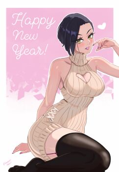 1girl 2024 absurdres black_hair black_socks blush breasts cleavage cleavage_cutout clothing_cutout dress emmettart hand_on_ground happy_new_year heart heart_background highres looking_at_viewer merlin_(nanatsu_no_taizai) nanatsu_no_taizai new_year on_ground over-kneehighs pink_nails short_hair socks sweater sweater_dress thighhighs yellow_eyes