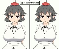 1girl animated black_hair black_ribbon blush breasts collared_shirt covered_erect_nipples english_text frown grabbing_another&#039;s_breast groping hat kigan&#039;eiji large_breasts lowres molestation pointy_ears red_eyes ribbon shameimaru_aya shirt short_hair short_sleeves simple_background spot_the_differences sweatdrop tokin_hat touhou video white_background white_shirt