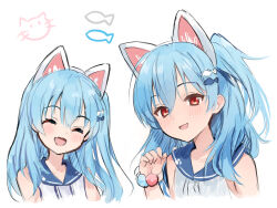 Rule 34 | 1girl, aisu (icicleshot), animal ears, blue hair, blue sailor collar, blush, cat ears, closed eyes, commentary request, fake animal ears, fish hair ornament, hair between eyes, hair ornament, igarashi haruna, long hair, looking at viewer, mahjong soul, medium bangs, multiple views, open mouth, red eyes, sailor collar, shirt, simple background, sketch, sleeveless, sleeveless shirt, smile, upper body, white background, white shirt