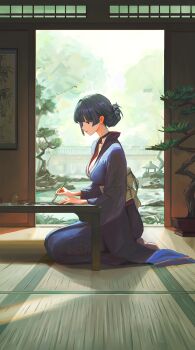 1girl absurdres architecture black_choker blue_eyes blue_kimono blunt_bangs bottle breasts choker collarbone commission east_asian_architecture expressionless garden gem grass green_sash hair_bun hair_intakes highres holding holding_paintbrush indoors japanese_clothes kimono kneeling lips low_neckline medium_breasts obi original paintbrush painting_(action) pink_socks pixiv_commission pond purple_gemstone qingli_ye sash seiza sidelocks sitting socks tatami tree