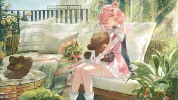 1girl ahoge balcony bandaged_arm bandaged_fingers bandaged_hand bandaged_leg bandages bandaid bandaid_on_leg bandaid_on_thigh bare_shoulders black_bow black_bowtie blush boots bouquet bow bowtie chiz_(nte) collar couch detached_collar dress ergouzi_echo fence flower frilled_sleeves frills hair_ornament hair_rings hat highres hugging_object leaf looking_at_viewer neverness_to_everness nurse_cap nurse_dress pillow pink_dress pink_eyes pink_hair plant short_hair sitting solo stuffed_animal stuffed_toy sunlight table teddy_bear white_boots white_collar x_hair_ornament yellow_flower