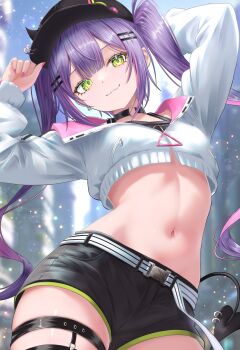 1girl :3 absurdres arms_up baseball_cap belt black_choker black_hat black_shirt black_shorts blurry blurry_background choker closed_mouth commentary contrapposto cowboy_shot crop_top crop_top_overhang cropped_jacket demon_tail ear_piercing fang green_eyes hair_ornament hairclip hat highres hololive horned_hat jacket long_hair long_sleeves looking_at_viewer midriff multicolored_hair nail_polish nanaki24 navel o-ring o-ring_choker piercing pointy_ears purple_hair shirt short_shorts shorts sidelocks sleeveless sleeveless_shirt smile solo stomach streaked_hair tail thigh_strap tokoyami_towa tokoyami_towa_(1st_costume) twintails very_long_hair virtual_youtuber white_jacket