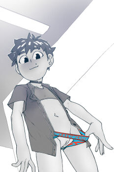 1boy absurdres anonanim blush chest_binder choker commentary cuntboy dimitri_florez_(anonanim) dutch_angle english_commentary english_text from_below greyscale highres jockstrap looking_at_viewer male_focus male_underwear messy_hair mole mole_under_eye monochrome open_clothes open_shirt original pussy short_hair short_sleeves shota smile spot_color sweat underwear