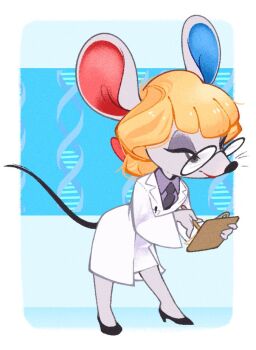 1girl animal_crossing animal_ears black-framed_eyewear black_necktie black_shoes blonde_hair border bow breast_pocket clipboard closed_mouth coat collared_shirt colored_inner_animal_ears commentary dna english_commentary eyelashes furry furry_female glasses grey_eyes hair_bow high_heels holding holding_clipboard holding_pencil lab_coat lapels long_sleeves low_ponytail mouse_ears mouse_girl mouse_tail necktie nintendo open_clothes open_coat outside_border pencil pencil_skirt petri_(animal_crossing) pocket ponytail purple_shirt red_bow red_lips round_eyewear shirt shoes short_hair short_ponytail skirt solo standing tail vergolophus white_border white_coat white_skirt wing_collar