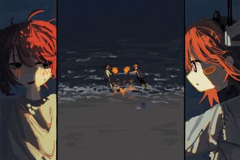 2girls a.i._voice adachi_rei alternate_costume beach black_eyes blush blush_stickers commentary fireworks floating_hair highres holding holding_fireworks izayoi_(i34i22w) jacket kasane_teto long_sleeves looking_to_the_side multiple_girls multiple_views night ocean open_mouth orange_hair outdoors playing red_hair running shirt short_hair short_sleeves smirk sparkler symbol-only_commentary utau wading white_jacket white_shirt wide_shot