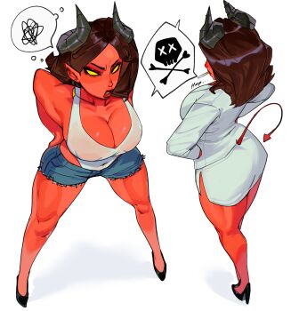 1girl absurdres black_horns black_shoes blue_shorts breasts brown_hair cleavage colored_skin commentary demon_girl demon_tail denim denim_shorts dispatch english_commentary high_heels highres horns image_in_speech_bubble jacket large_breasts leotard long_hair malevola_(dispatch) miniskirt multiple_views pointy_ears red_skin ryota_ravioli shoes short_shorts shorts simple_background skirt solid_eyes tail white_background white_jacket white_leotard white_skirt yellow_eyes