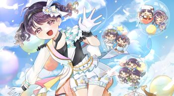1girl balloon black_hair black_hairband blue_sky cloud commentary_request fang fukumaru_koito gloves hair_ornament hairband highres idolmaster idolmaster_shiny_colors long_sleeves mmm_10307 multiple_persona open_mouth purple_eyes shorts single_sleeve sky swept_bangs twintails waving white_gloves white_shorts