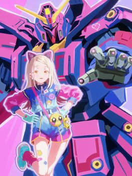 1girl absurdres animal_ear_hairband animal_ears aqua_gloves badge bag bandaid bandaid_on_leg belt blonde_hair blue_belt blue_jacket blue_shoes blue_shorts button_badge cat_ear_hairband cat_ears cobwvmeti earrings emoji fake_animal_ears feet_out_of_frame gakuen_idolmaster gloves gradient_hair hairband hands_on_own_hips hashtag-only_commentary highres idolmaster jacket jewelry leg_warmers long_hair looking_at_viewer mecha_request meme miracle_na_now!_(idolmaster) multicolored_hair multicolored_jacket multicolored_shorts open_mouth orange_eyes parted_bangs pink_hair pink_jacket pink_leg_warmers pink_shorts pleading_face_emoji sad_banana_cat_(meme) shinosawa_hiro shoes shorts shoulder_bag smile solo standing standing_on_one_leg sticker_on_leg yellow_bag zipper