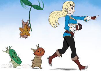 boots braid hair_ornament hairclip highres korok leggings long_hair nintendo pointing pointy_ears princess_zelda sheikah_slate simple_background straight_hair teevo the_legend_of_zelda the_legend_of_zelda:_breath_of_the_wild